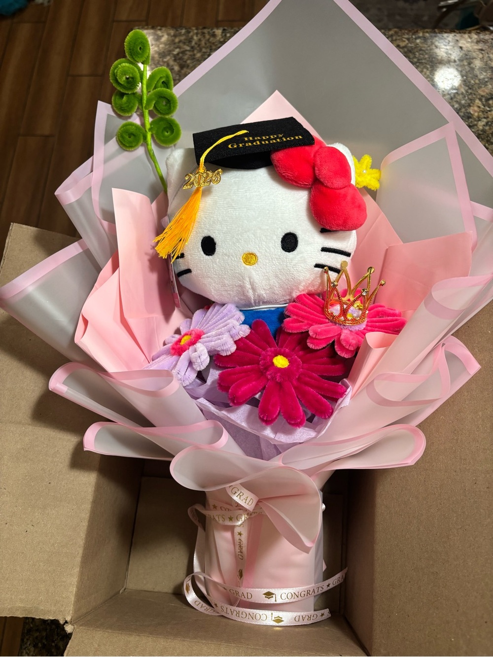 Hello Kitty Plush Bouquet with Pink Flowers and Red Bow